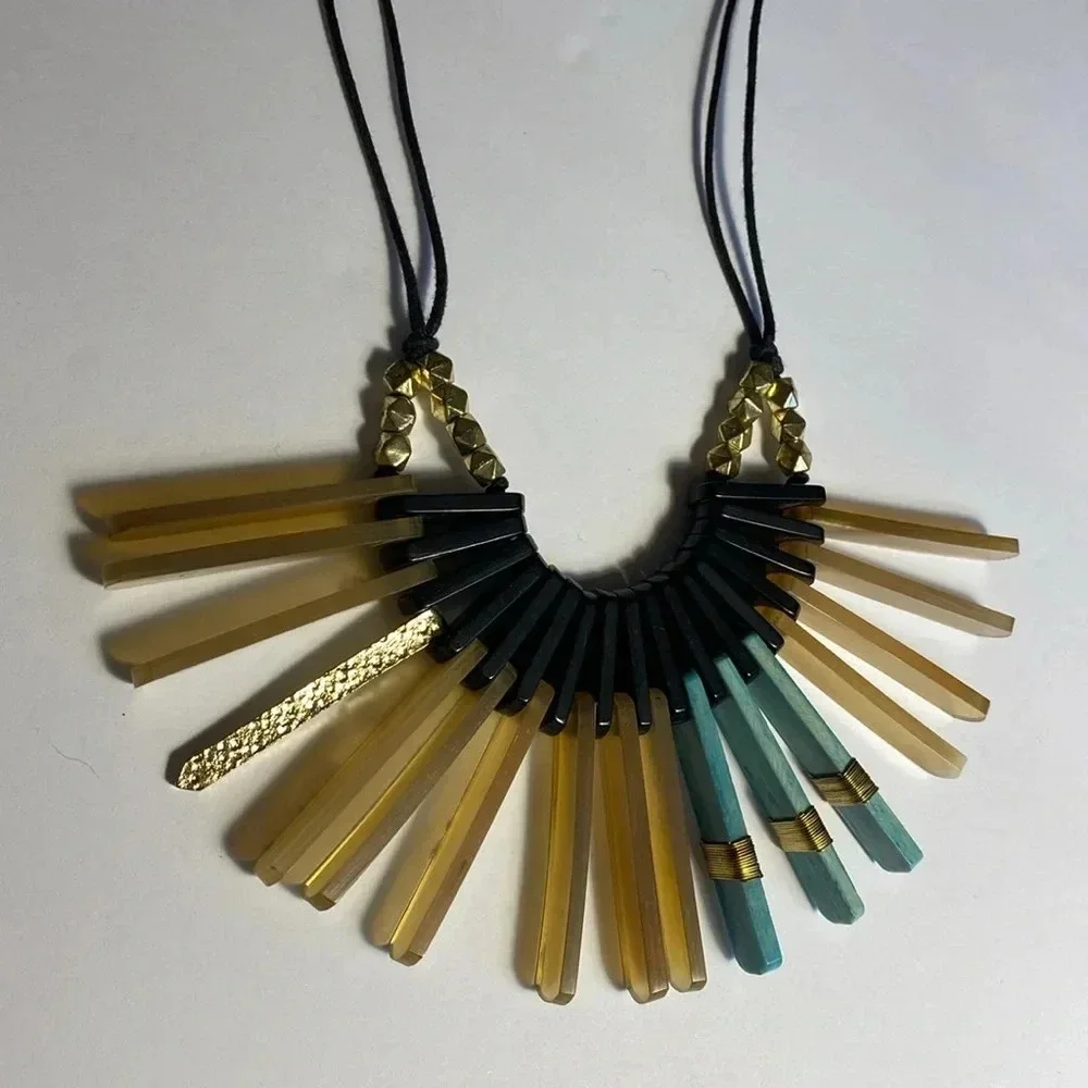 NEW Fair Trade Beaded Fan Statement Large Necklace Rope Gold Black Turquoise - Picture 12 of 12